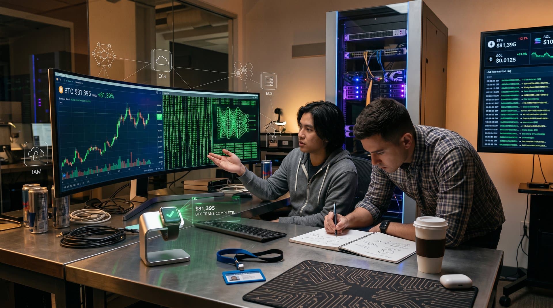 Smartwatch with secure Bedrock AI agent and crypto charts in abstract tech lab