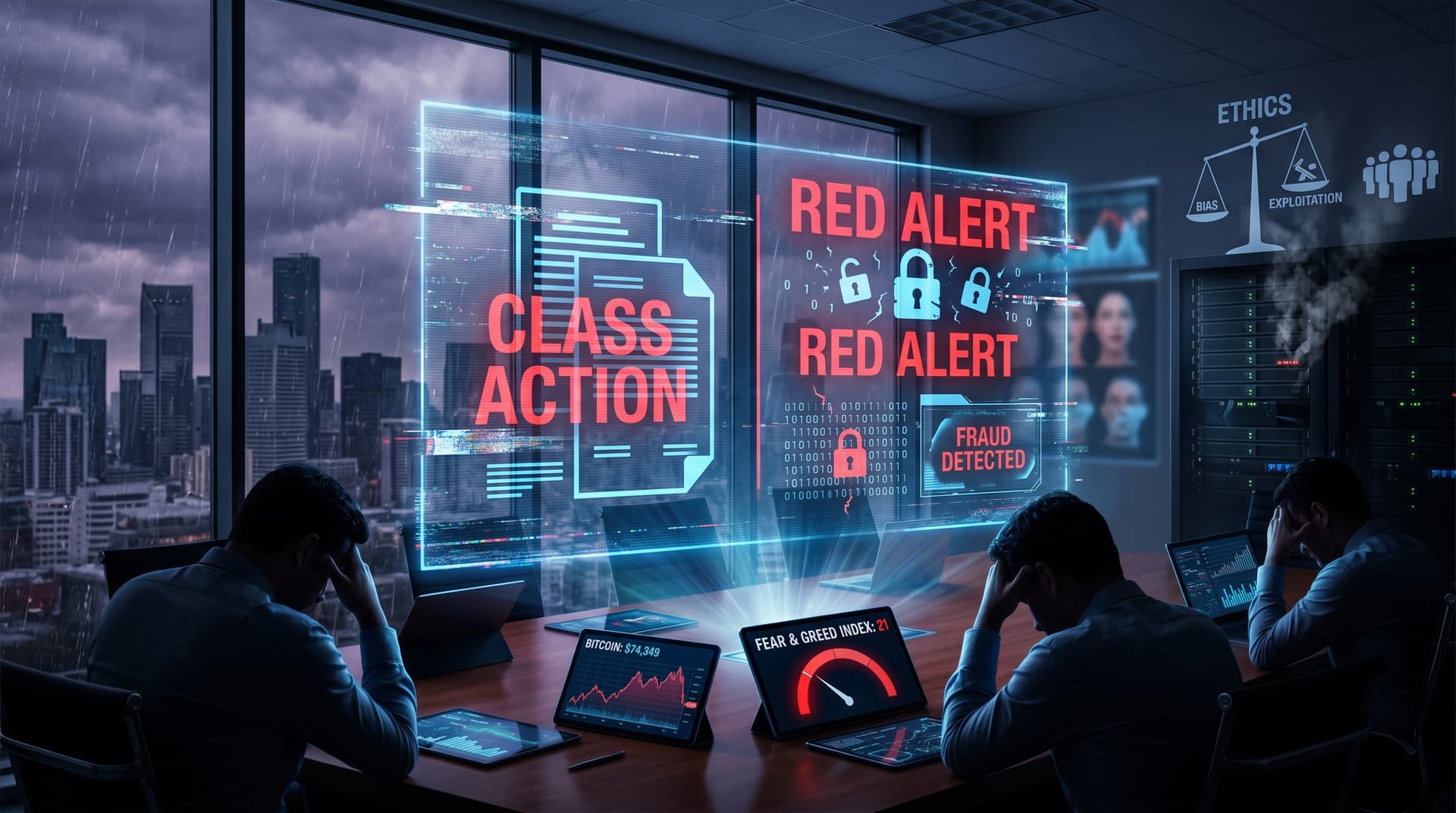 AI Risks Surge: Lawsuits, Hacks Hit Fintech as BTC Reaches $74K, Fear & Greed 21