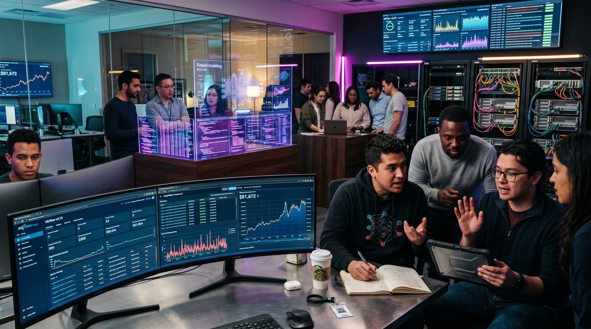 Modern AI lab with MLflow and SageMaker dashboards on multi-monitor setups amid server racks and neural diagrams
