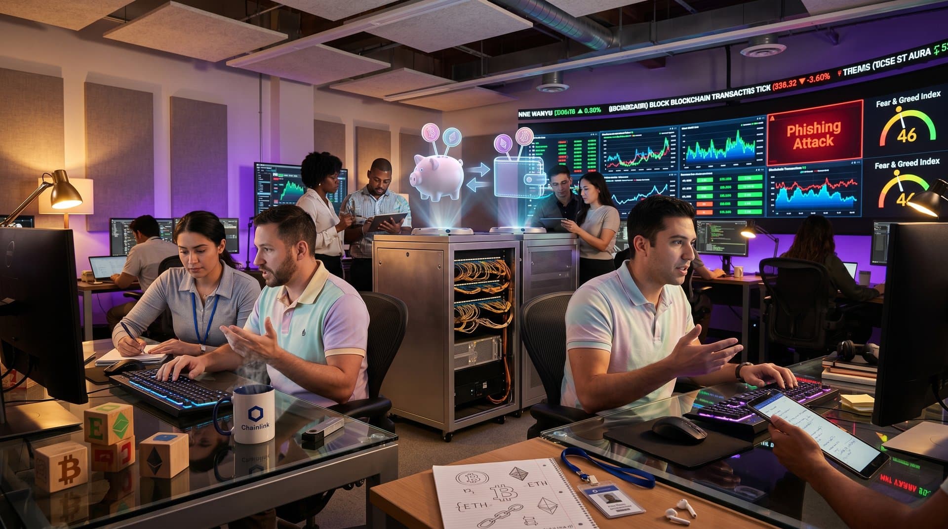 Abstract fusion of kindergarten crypto elements and cybersecurity ops center with blockchain graphs, alerts, and market tickers