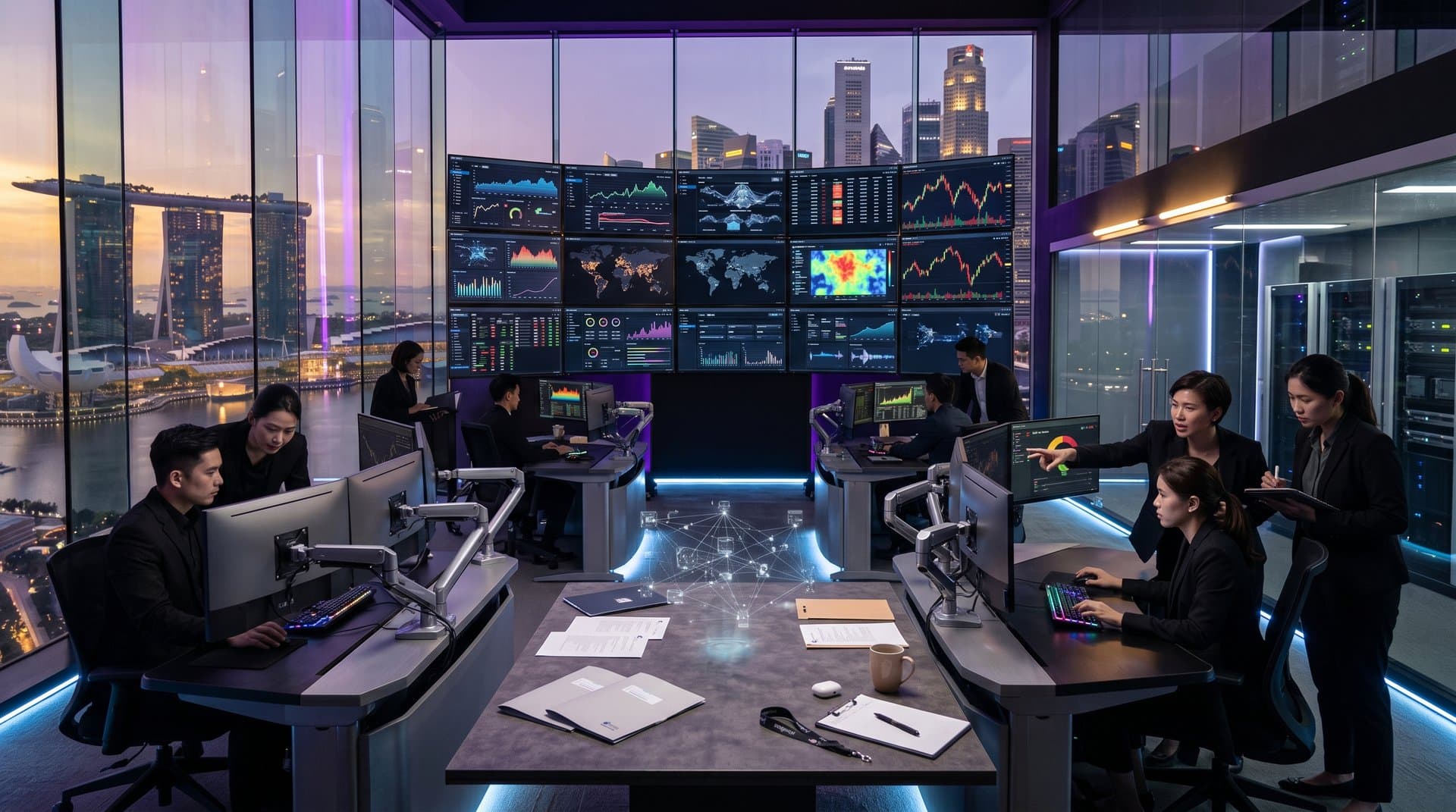Blockchain security monitoring center with transaction graphs and crypto price displays in Singapore fintech hub