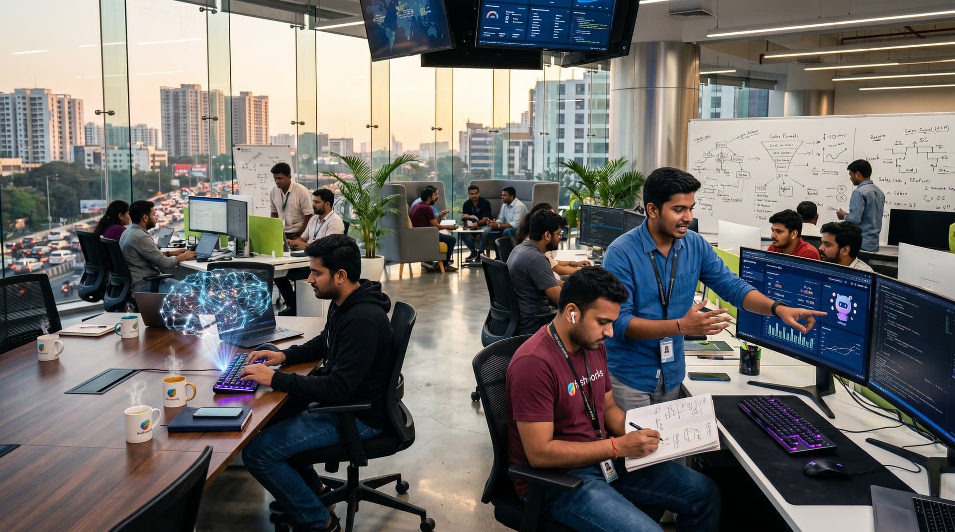 Chennai tech office with AI interfaces on monitors, neural network holograms, and collaborative spaces highlighting Freshworks job cuts innovation
