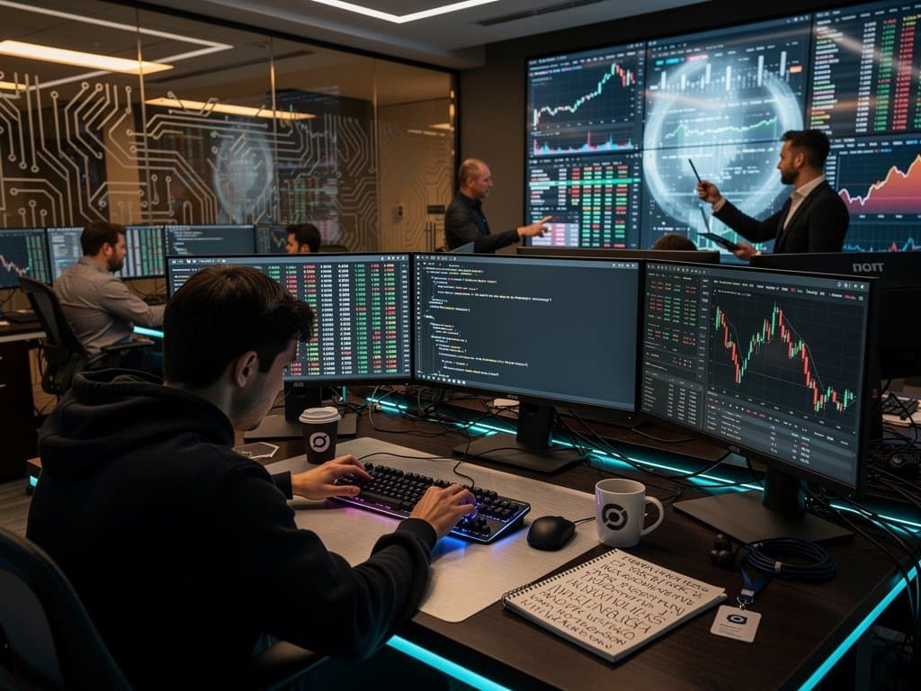 Fintech developer desk with dark terminal pager showing highlighted crypto logs, BTC $74,339, Fear & Greed 23, mechanical keyboard, and price charts on dual monitors