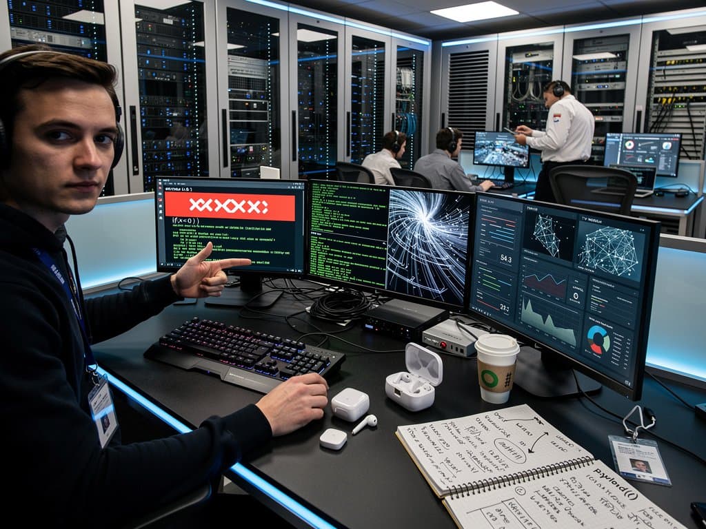 Data center control room with monitors displaying Samsung TV hack analysis amid server racks and tech equipment