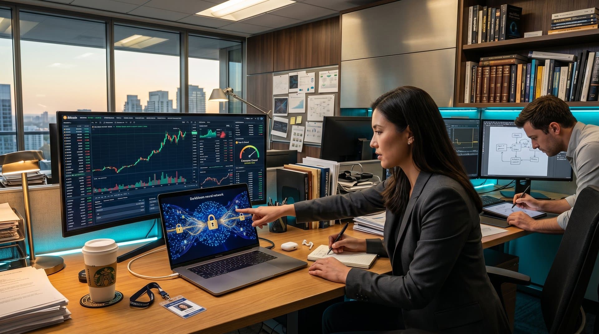 MacBook Pro screen showing Darkbloom private inference neural networks and crypto charts for BTC price and Fear & Greed Index, idle compute visualization on desk