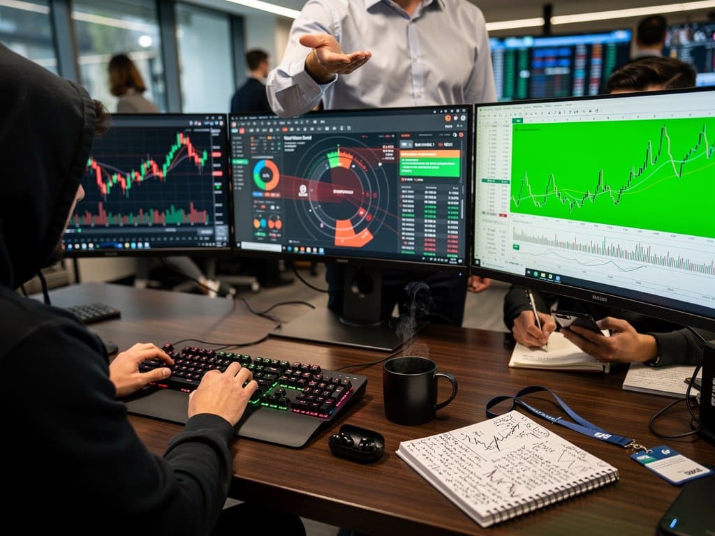 Trading desk with Excel spreadsheet analyzing BTC $73,819 and Fear & Greed Index 23 amid crypto charts on multi-monitors