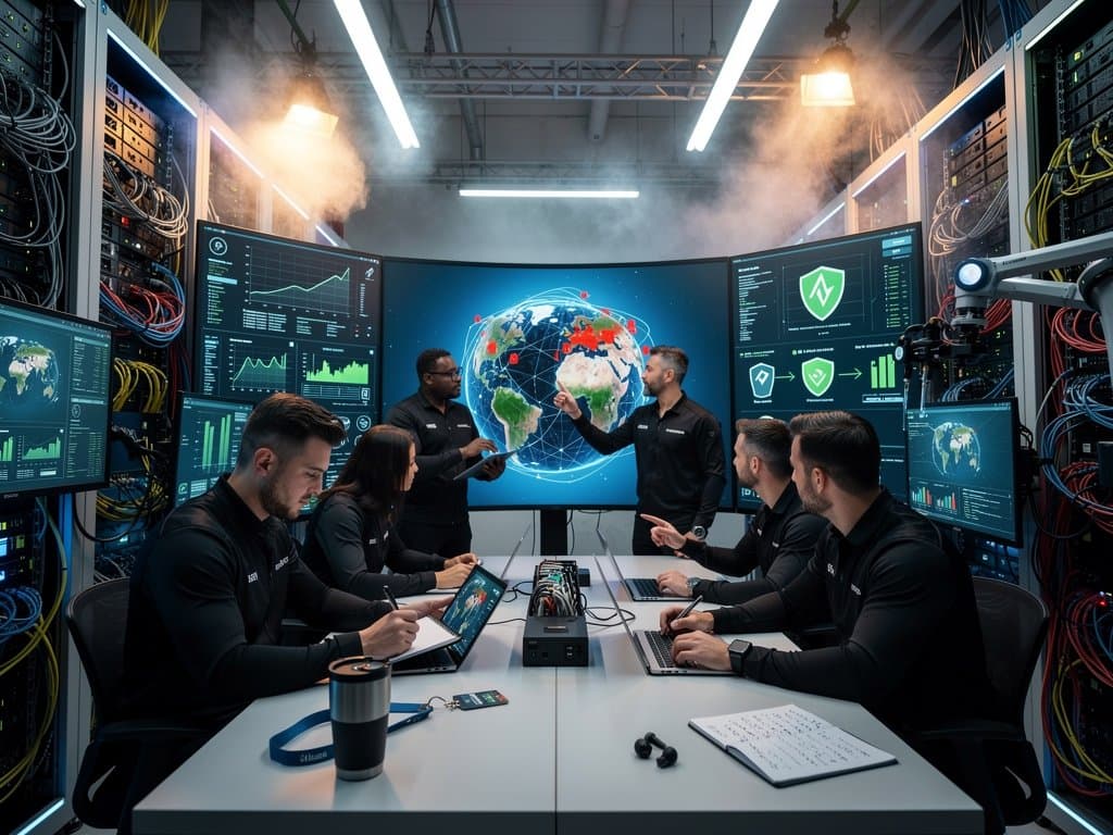 Engineers monitor AI cybersecurity dashboards on high-end monitors amid server racks and cooling systems in a Tier IV data center