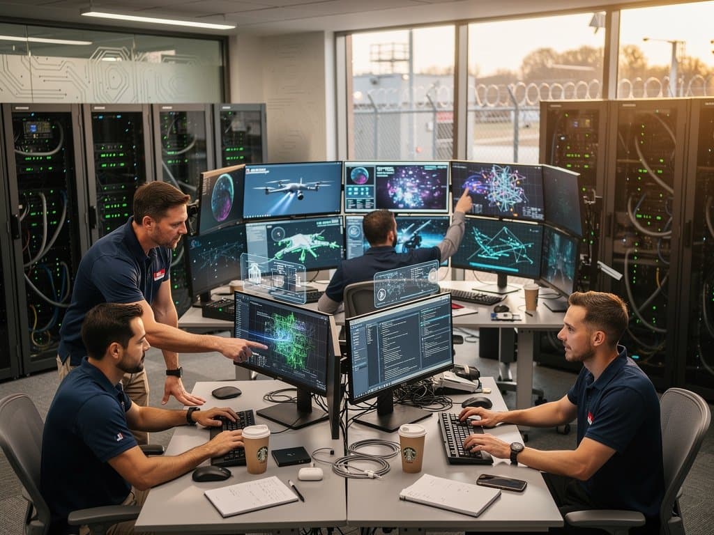 Agentic AI simulations on monitors in secure defense lab with server racks, holographic projections, and modern tech workspace