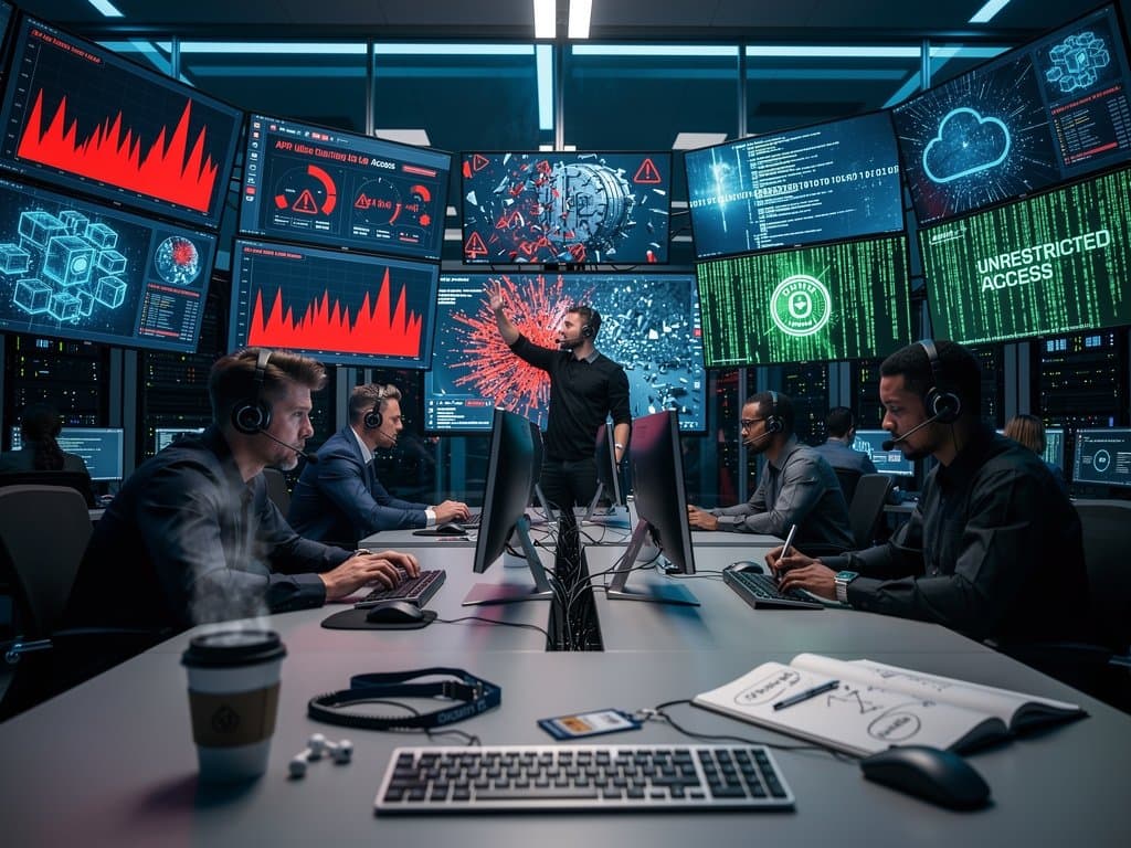 Abstract neon dashboard alerting Firebase API breach with €54k cost spike graphs, Gemini token meters, and cloud vulnerability icons