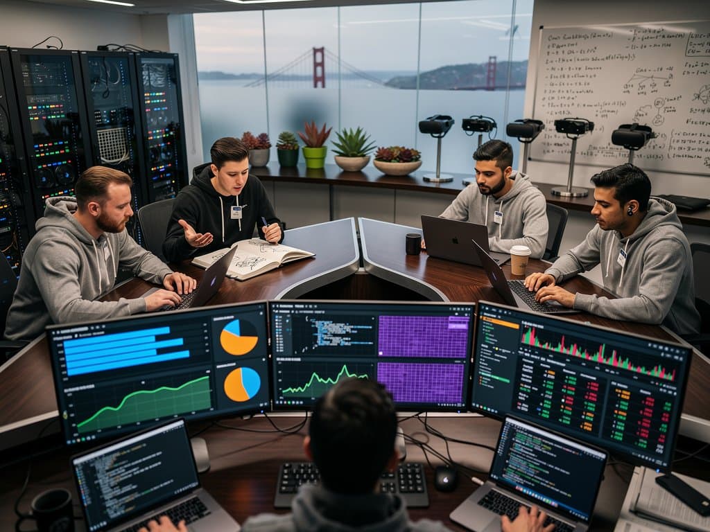 AI lab with monitors showing Claude Opus 4.7 model card graphs, server racks, Bloomberg crypto charts in modern glass office