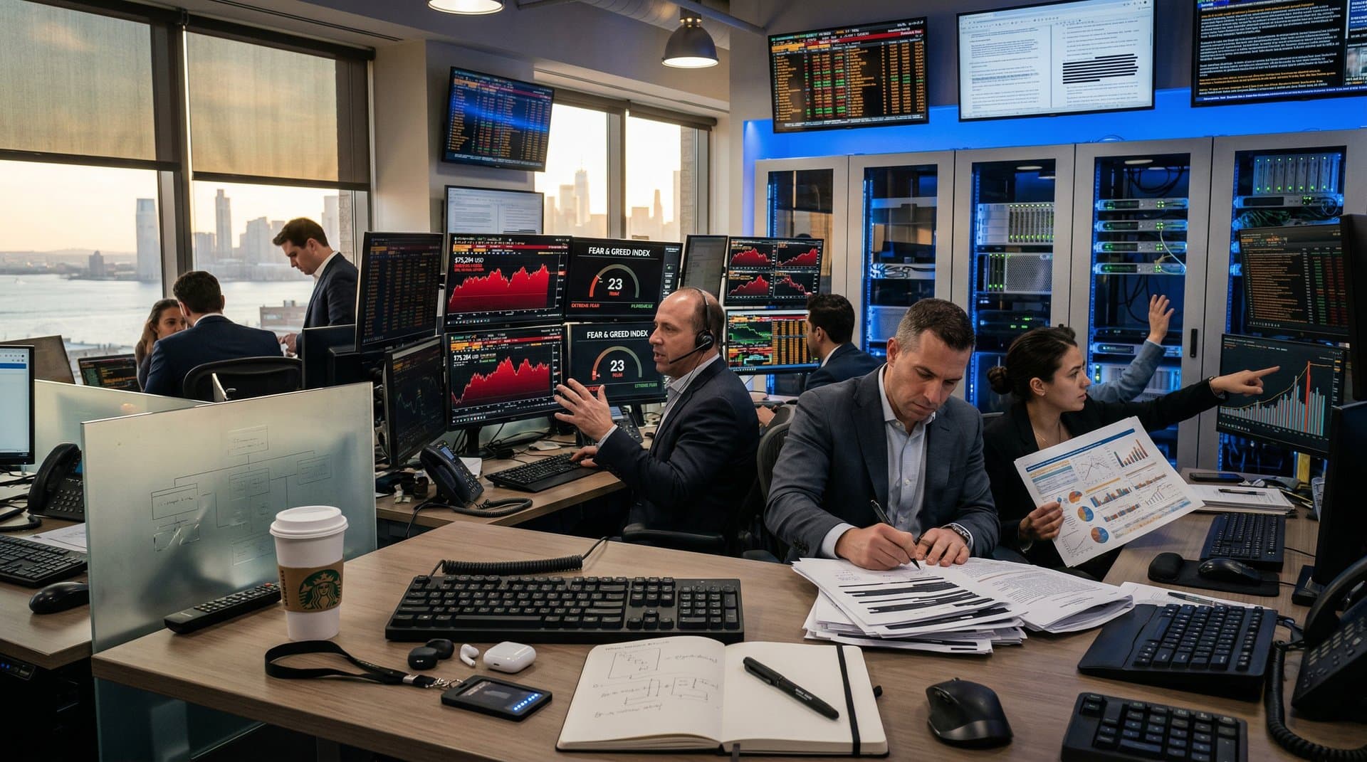 Fintech trading floor with terminals showing AI chat logs, Bitcoin charts at $75,284, Fear & Greed at 23, and regulatory data amid urgent compliance review