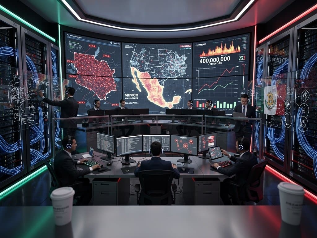 Futuristic cyberpunk data center displays AI cyber breach alerts on Mexico networks, crypto charts, and threat metrics