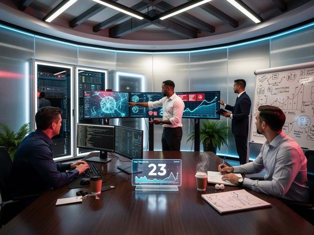 Futuristic cybersecurity center with AI neural networks, threat maps showing Fear & Greed Index 23, and holographic data streams on monitors amid blue LED lighting