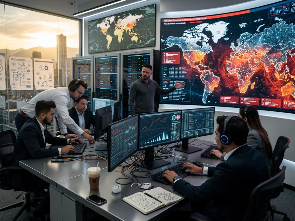 Cybersecurity analysts monitor threat maps on multi-monitor setups in a high-tech bank SOC with server racks and glowing dashboards in background