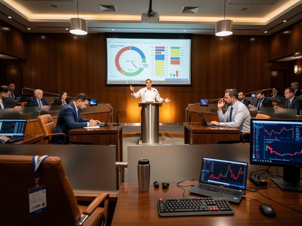 Debaters at AEI podium with monitors showing crypto charts including BTC at $74,997, audience on laptops in wood-paneled auditorium under LED lights