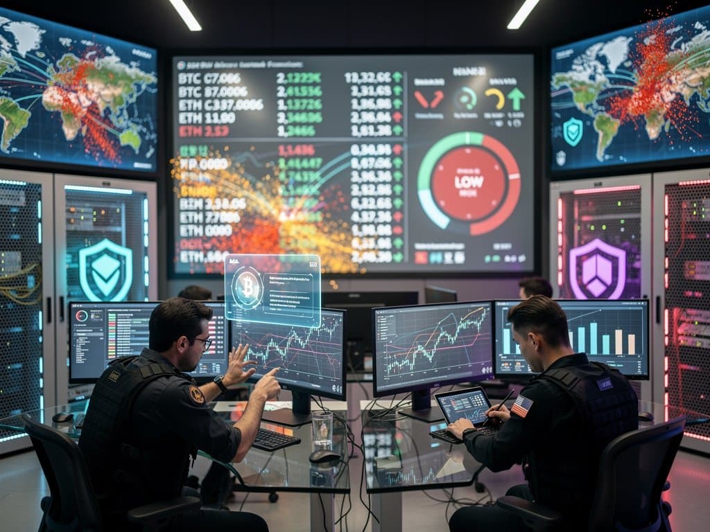 AI cybersecurity dashboards and threat maps in high-tech operations center defending fintech and crypto assets