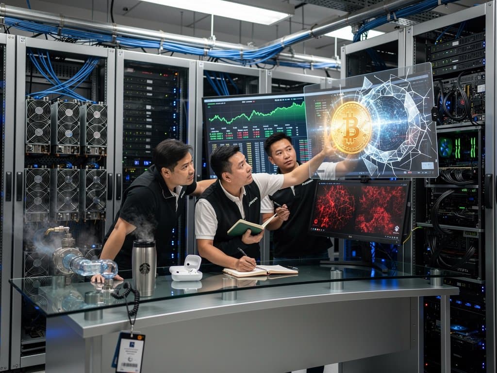 Data center engineers monitoring PoW blockchain and AI cybersecurity metrics with BTC price charts amid server racks and cooling systems