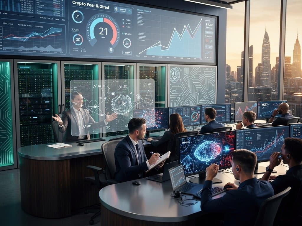 AI cybersecurity team monitors threat detection screens in high-tech operations center with server racks and data visualizations