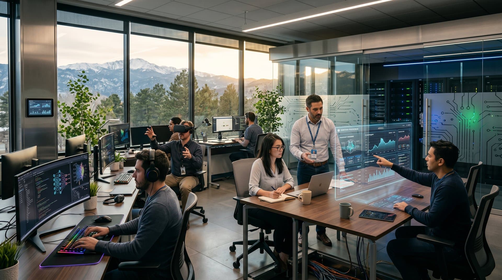 Futuristic Colorado edtech lab in Rocky Mountains with AI neural networks, crypto Fear & Greed charts, teacher workload dashboards, and mountain views