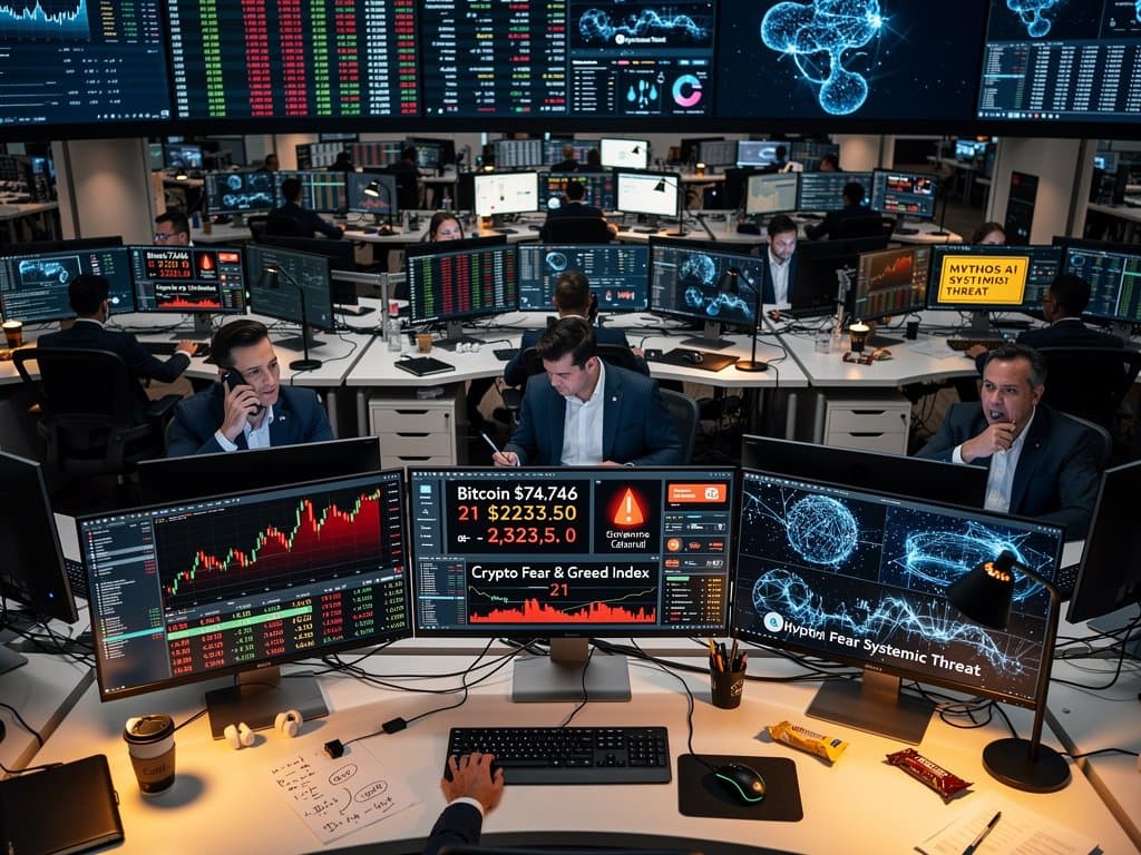 Trading floor with terminals showing crypto charts, Fear & Greed Index at 21, and AI data in tense market atmosphere
