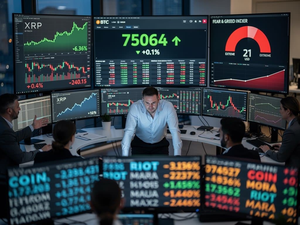 Cryptocurrency trading desk with screens showing BTC at $75,064, Fear & Greed at 21, XRP and ETH charts amid modern office skyline view (98 chars)
