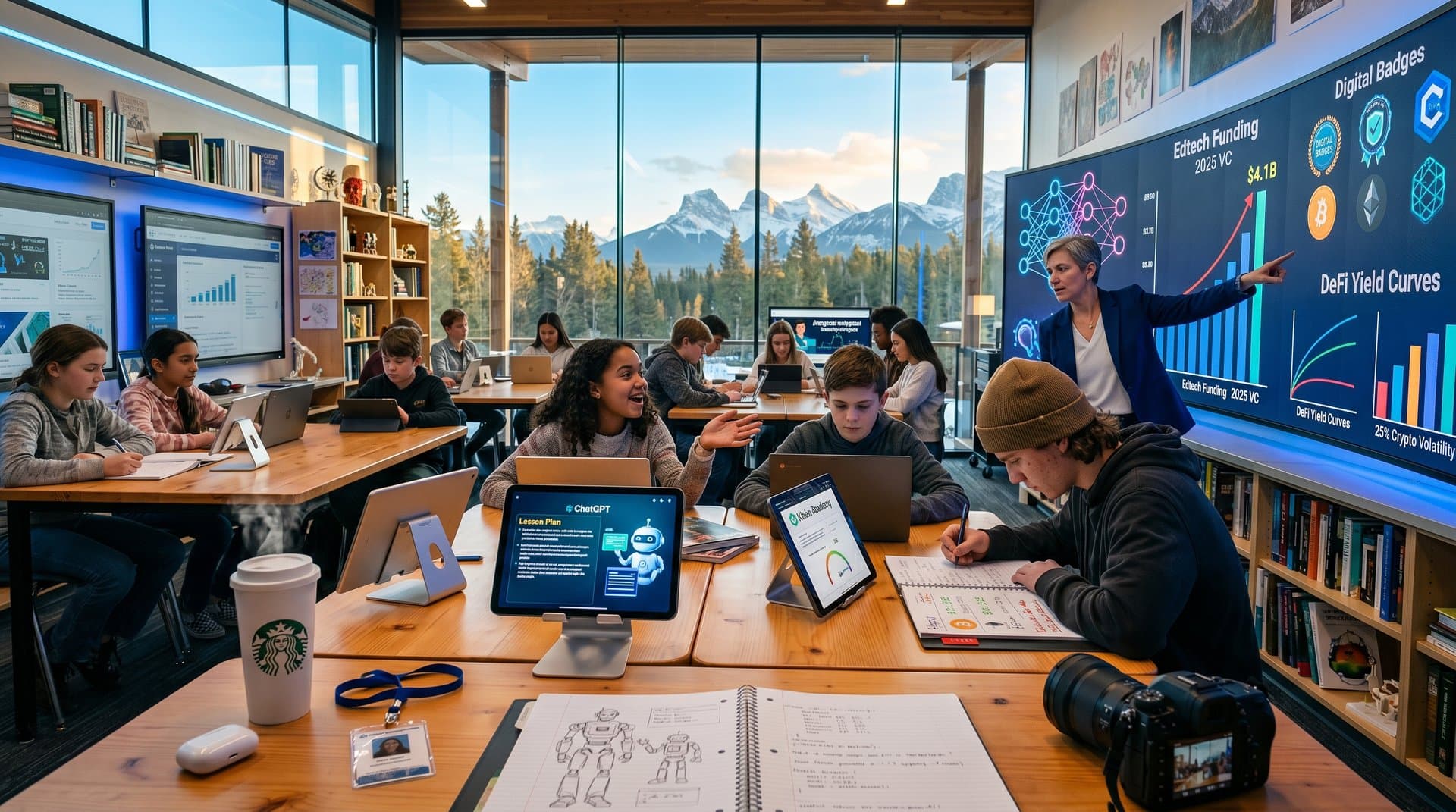 Colorado classroom with teacher at smartboard showing AI networks, Fear & Greed Index at 21, BTC chart, students with tablets, Rocky Mountains view