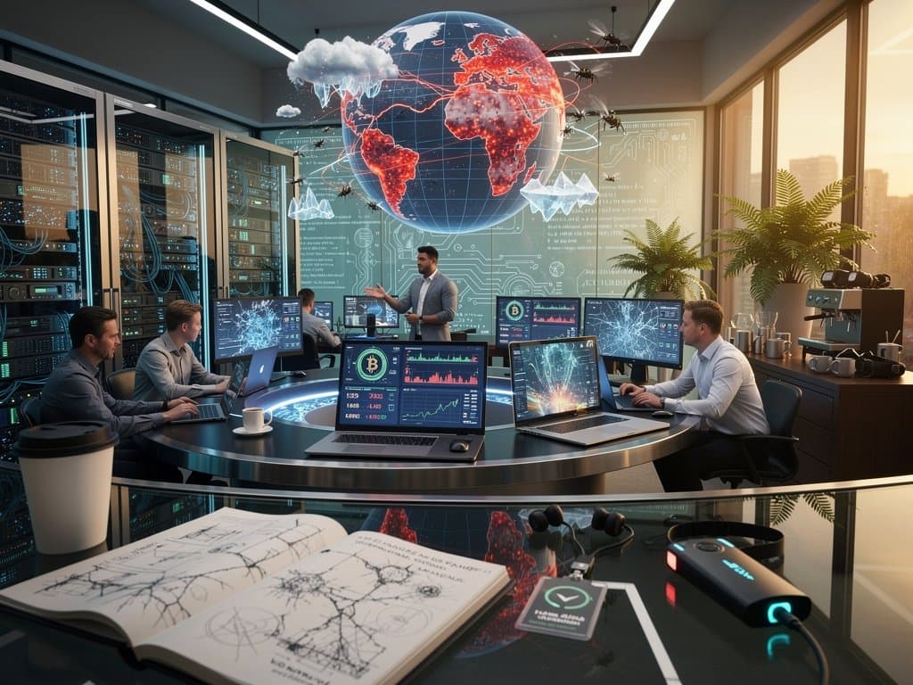 OpenAI lab analysts monitor AI cybersecurity threat maps, crypto price feeds, and attack simulations on advanced displays amid innovative defense collaboration