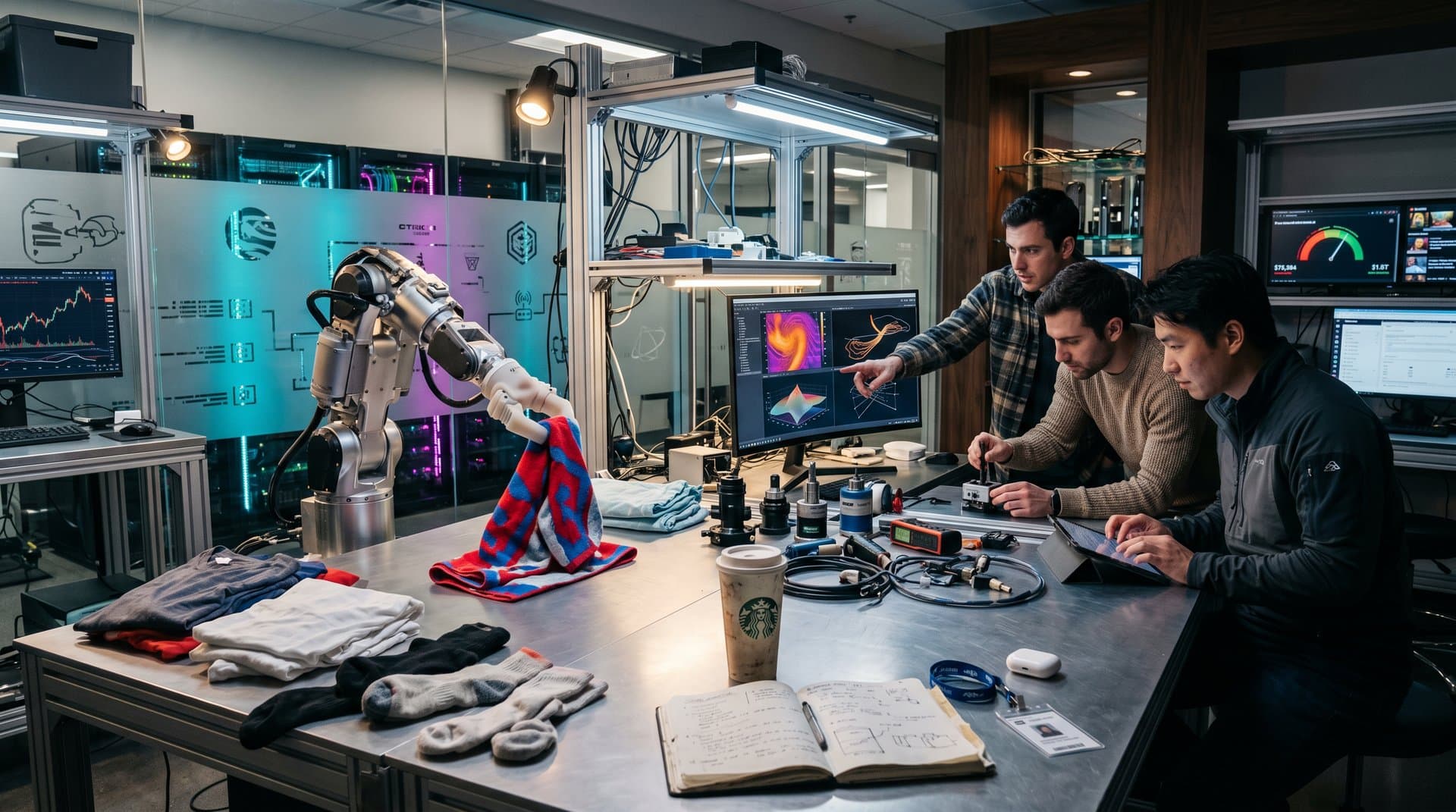 Robot arm folds towel on workbench amid video AI displays and crypto charts in tech lab