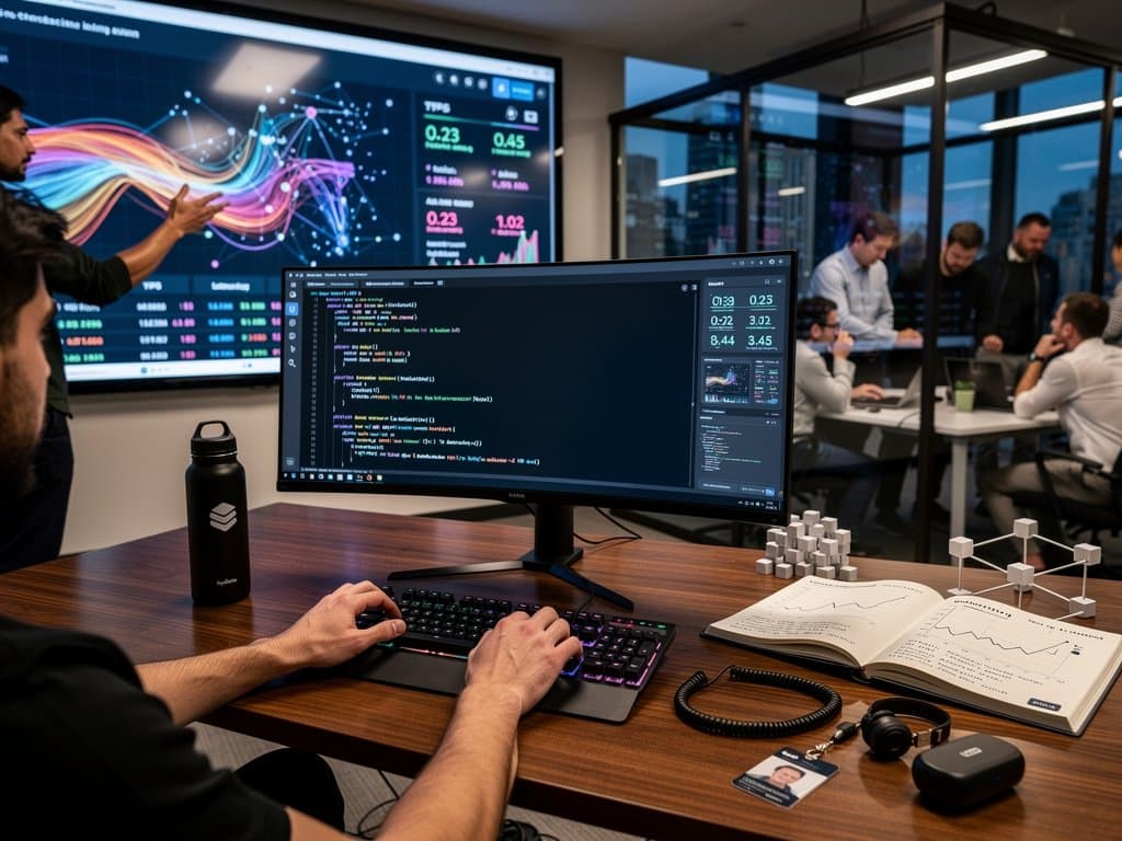 Modern tech office with monitors showing Codex AI coding tool generating Solidity code and crypto charts