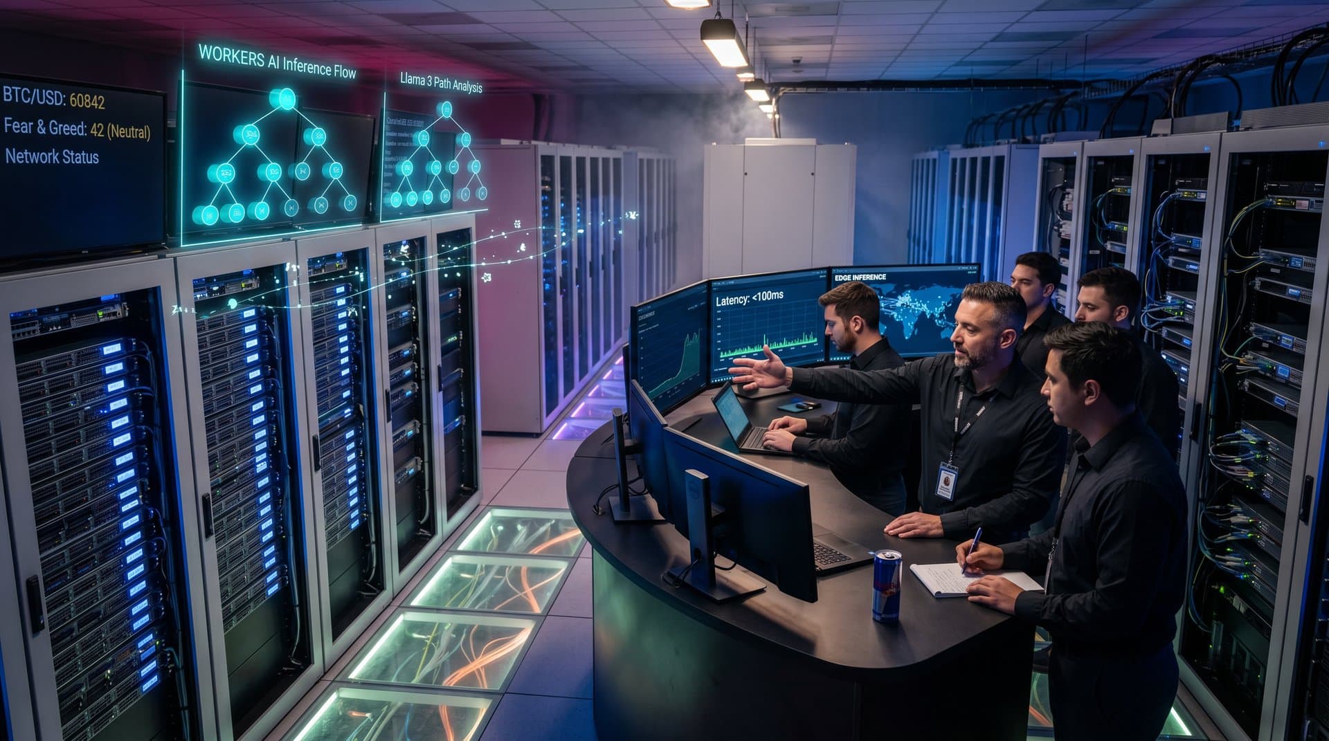 Glowing server racks and AI metrics displays in a futuristic edge data center visualizing low-latency inference networks