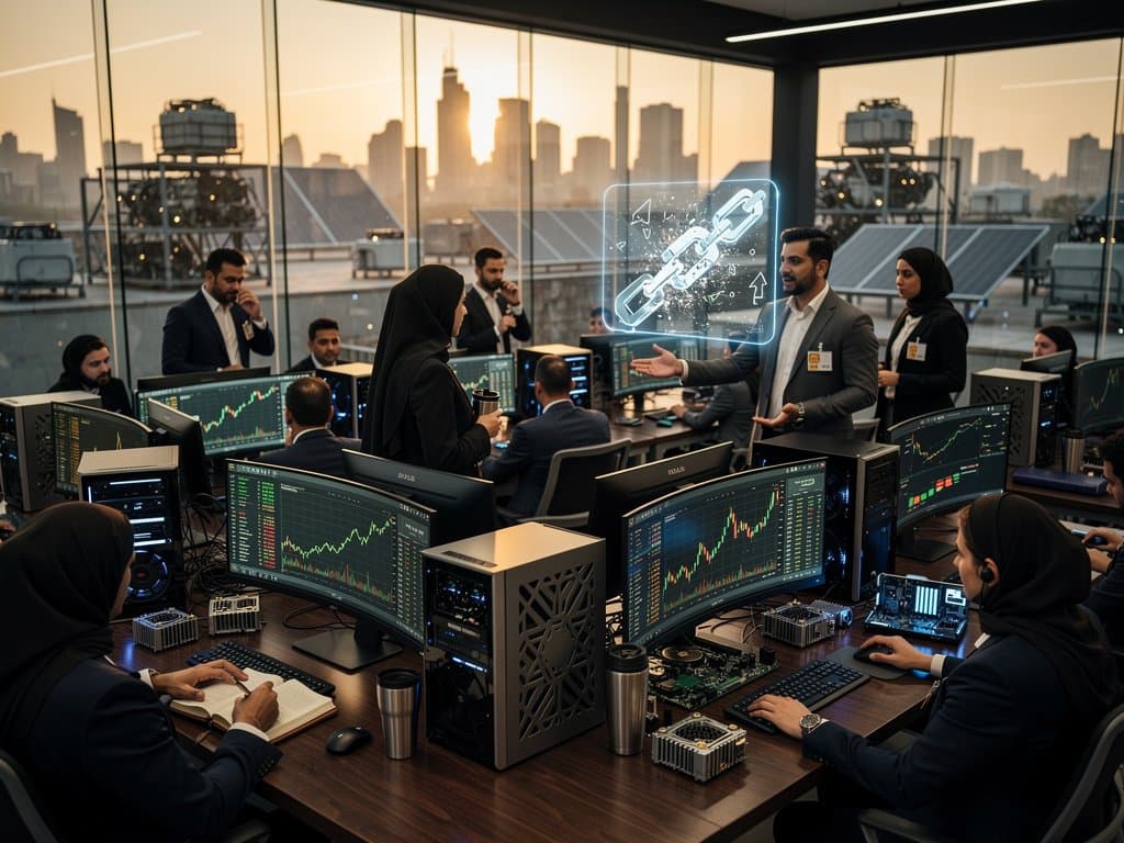 Trading floor with Bloomberg terminals showing Bitcoin and crypto price surges amid market volatility