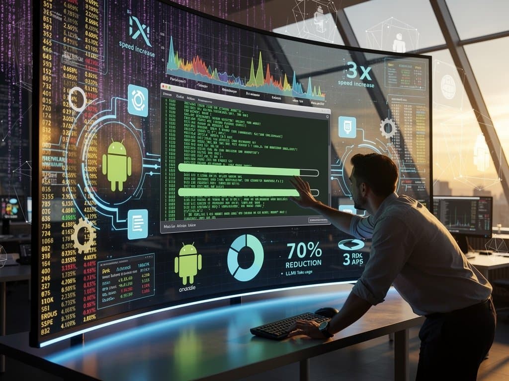 Cyberpunk terminal of Android CLI with Gemini AI, speed charts, token savings, and crypto tickers on dark neon background