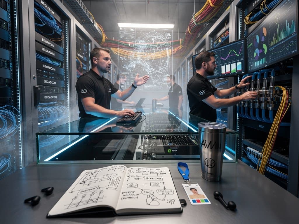 Engineer adjusts fiber cables near glowing Broadcom switches in busy Meta hyperscale data center racks