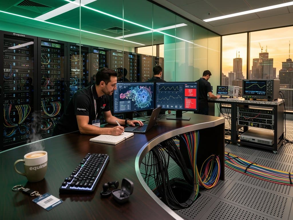 Glowing server racks and AI dashboards in modern Equinix data center