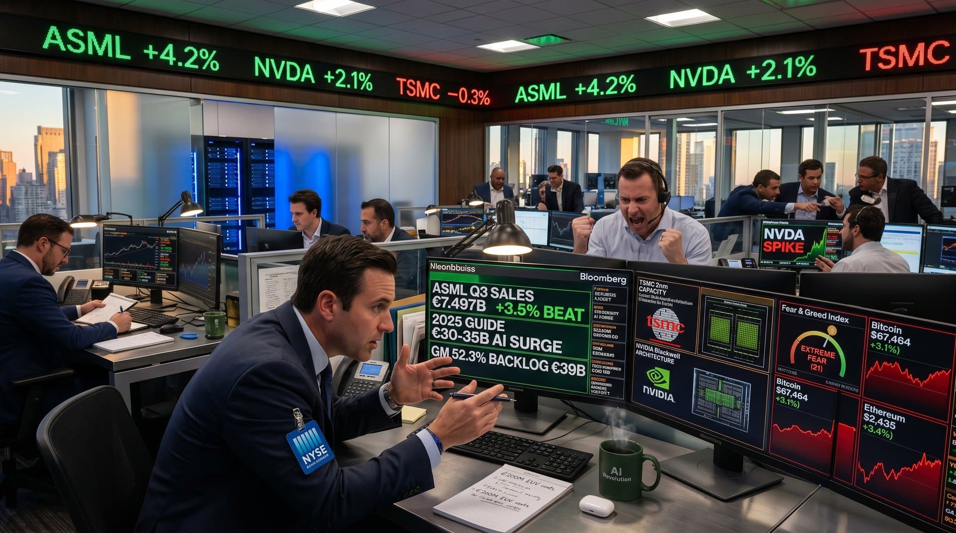 Trading floor with ASML earnings charts rising amid crypto fear indicators