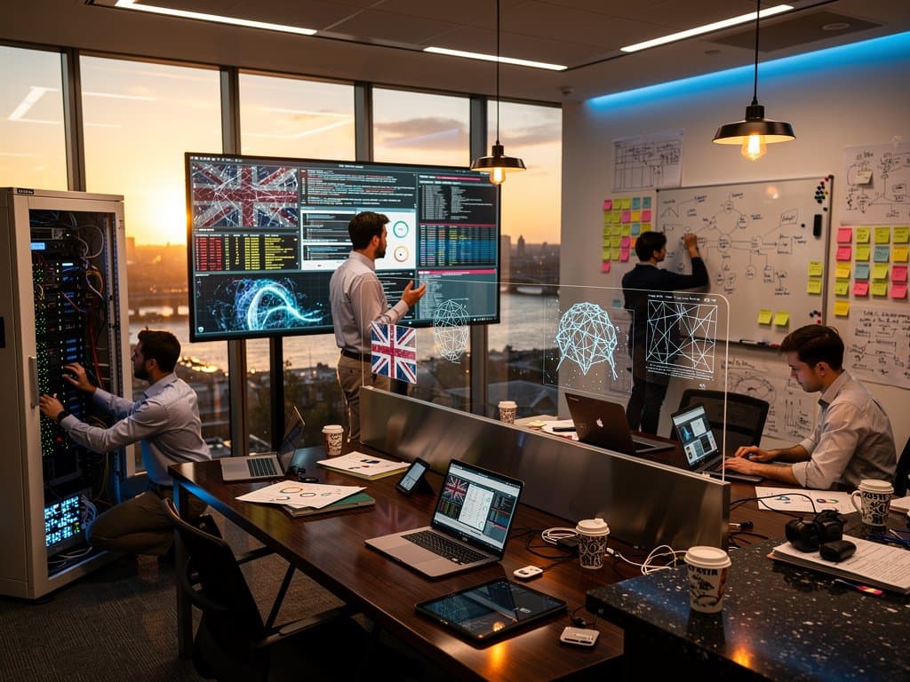 Abstract view of UK sovereign AI lab with neural networks, data visuals, and collaborative tech setup in modern facility