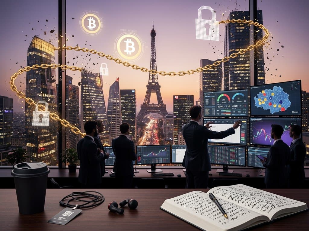 Paris skyline with blockchain overlays and crypto risk warnings showing prices and Fear Index