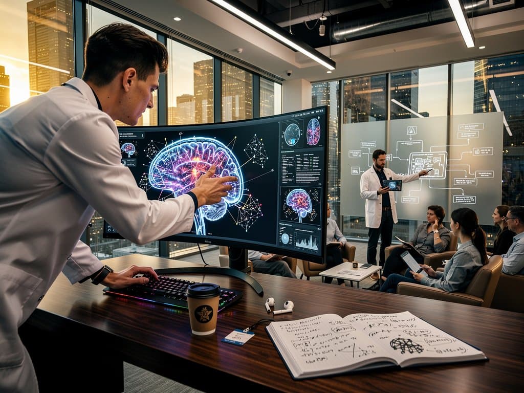 Futuristic AI lab with monitors showing neural networks and brain scans for mental health models amid ethical flowcharts