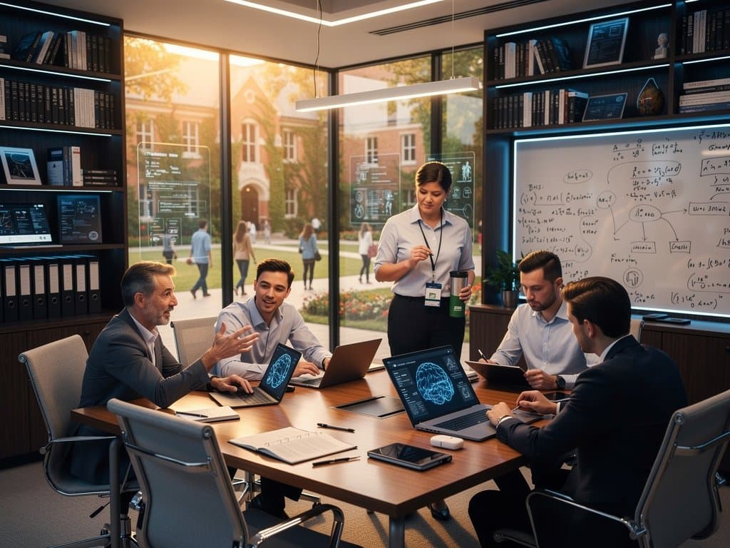 University AI lab with researchers at conference table viewing ethics flowcharts and neural networks, campus view in background