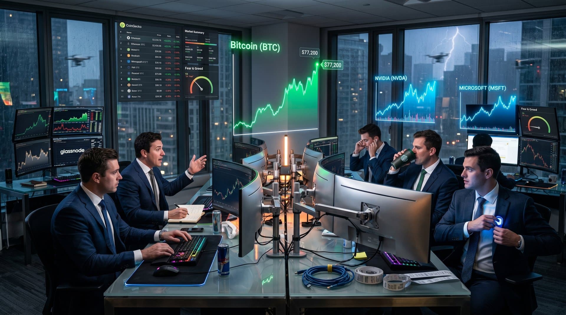 Holographic charts of Bitcoin surge and AI stocks rally on trading desk with crypto data