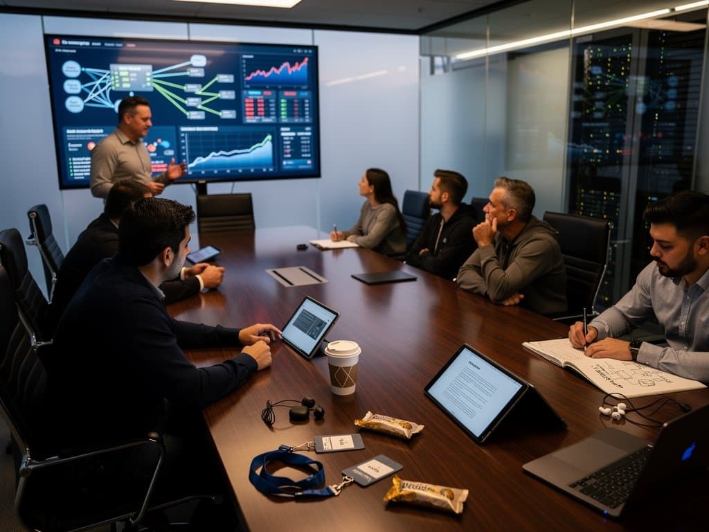 AI safety lab conference room with dashboards, servers, and tech setup in modern office