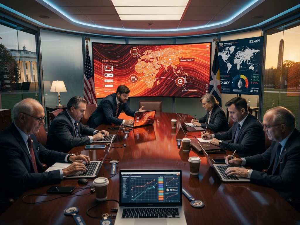 White House conference room with AI cybersecurity charts on screens and briefing materials on table
