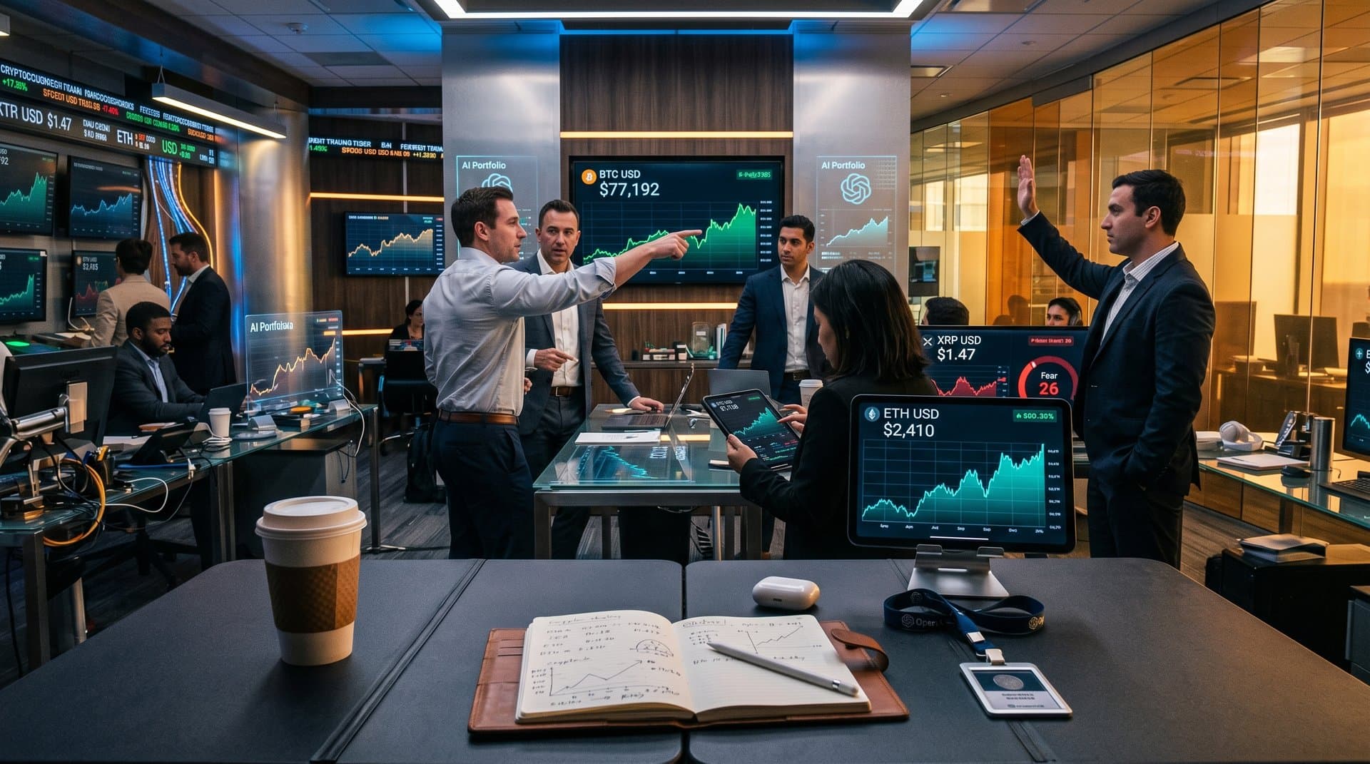 Holographic AI dashboard displaying crypto charts for Bitcoin at $77k and Ethereum, fintech volatility waves in neon blue cyberpunk style