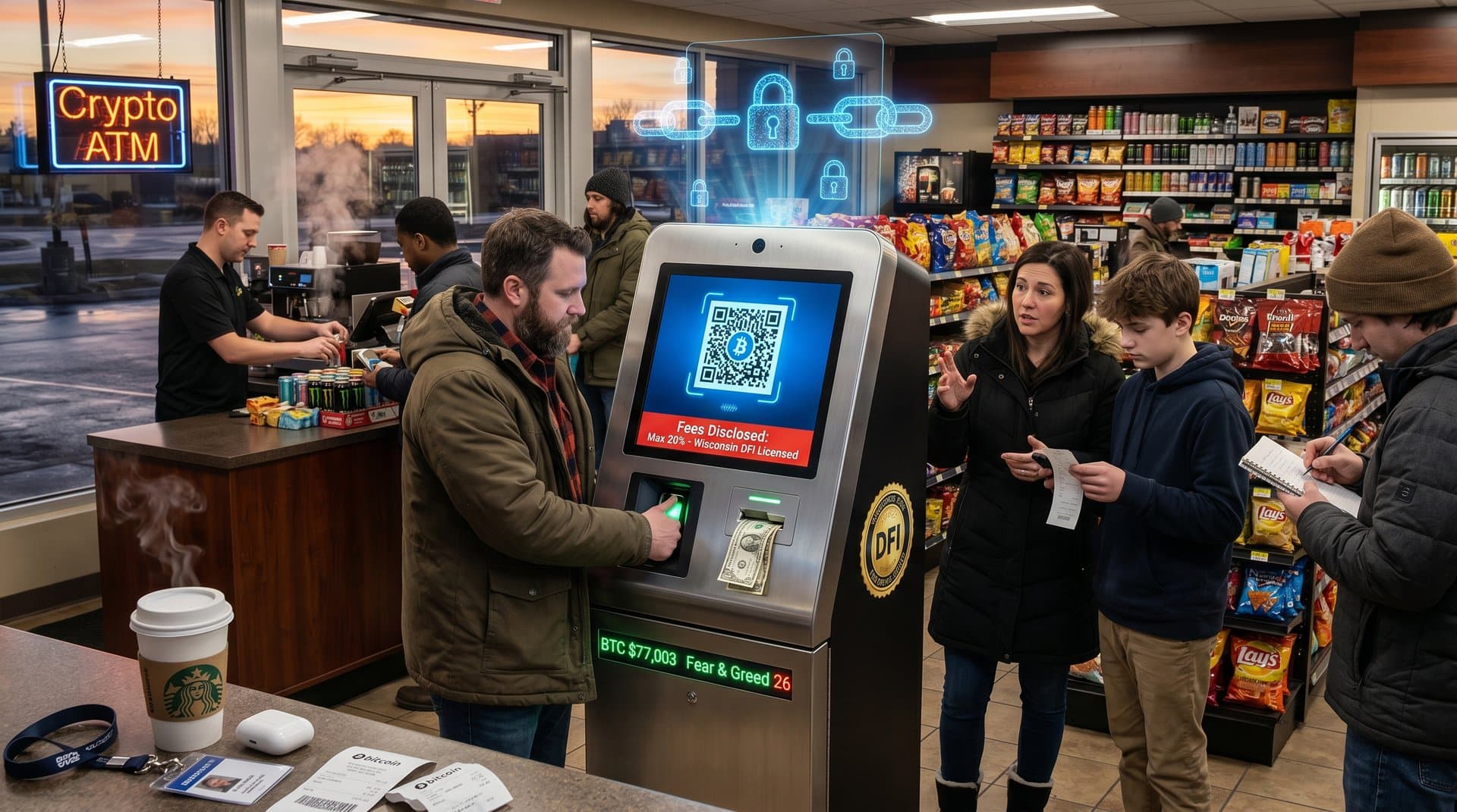 Secure cryptocurrency kiosk displaying Bitcoin fees under Wisconsin regulation in gas station