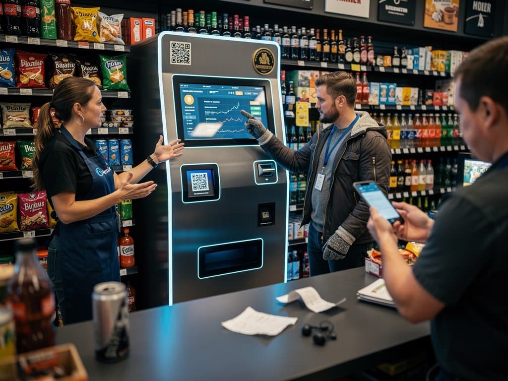 Crypto kiosk in Wisconsin store showing regulatory fees and ID prompts with BTC price ticker