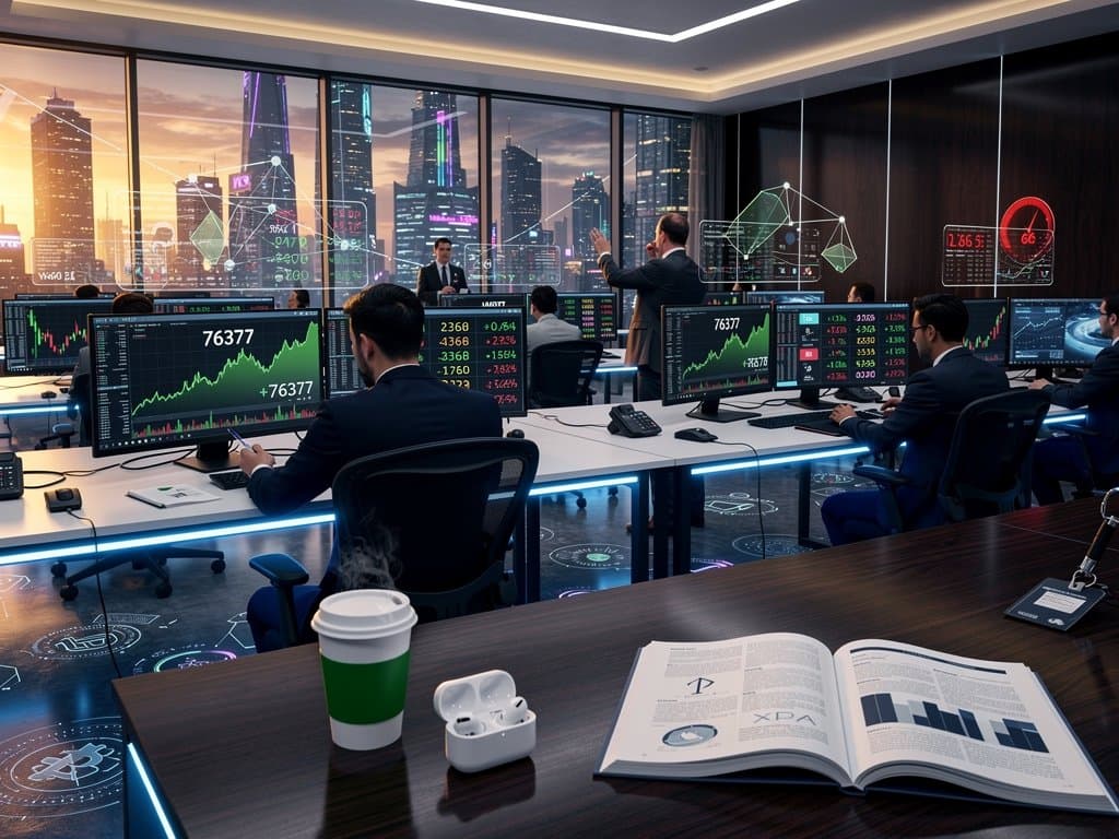 Trading floor with screens showing Bitcoin at $76K, Ethereum charts, Fear & Greed Index at 26, and crypto market data