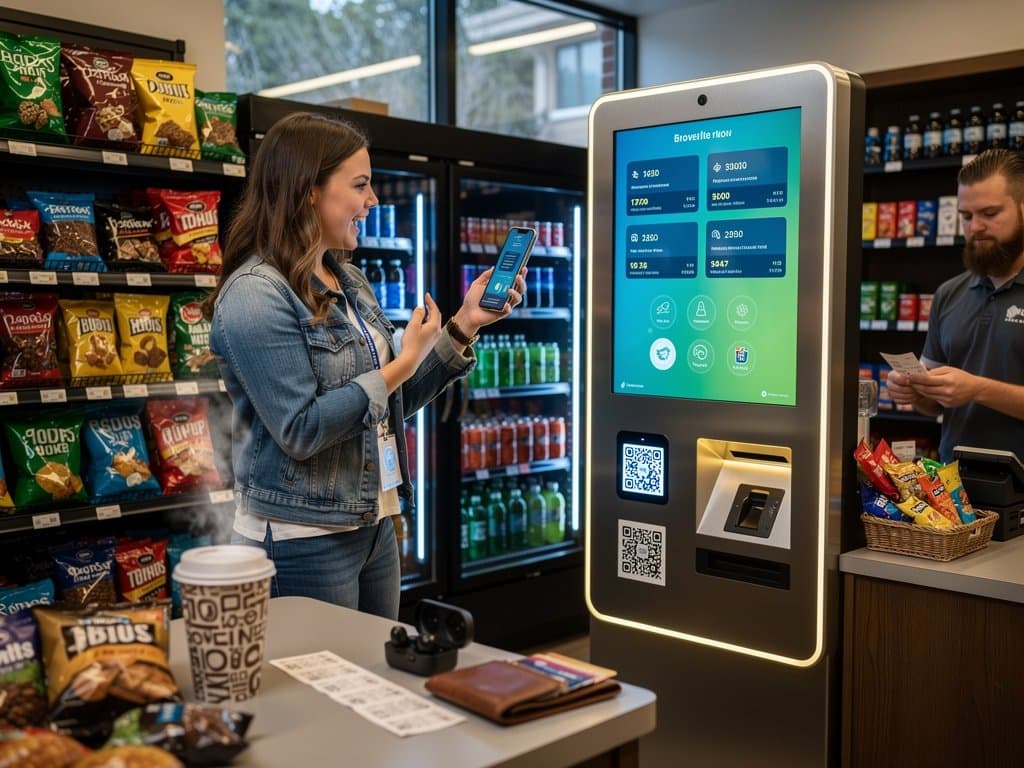 Cryptocurrency kiosk in Wisconsin store showing new law fee caps at 15%, BTC at $76K, regulatory badges, and state capitol view