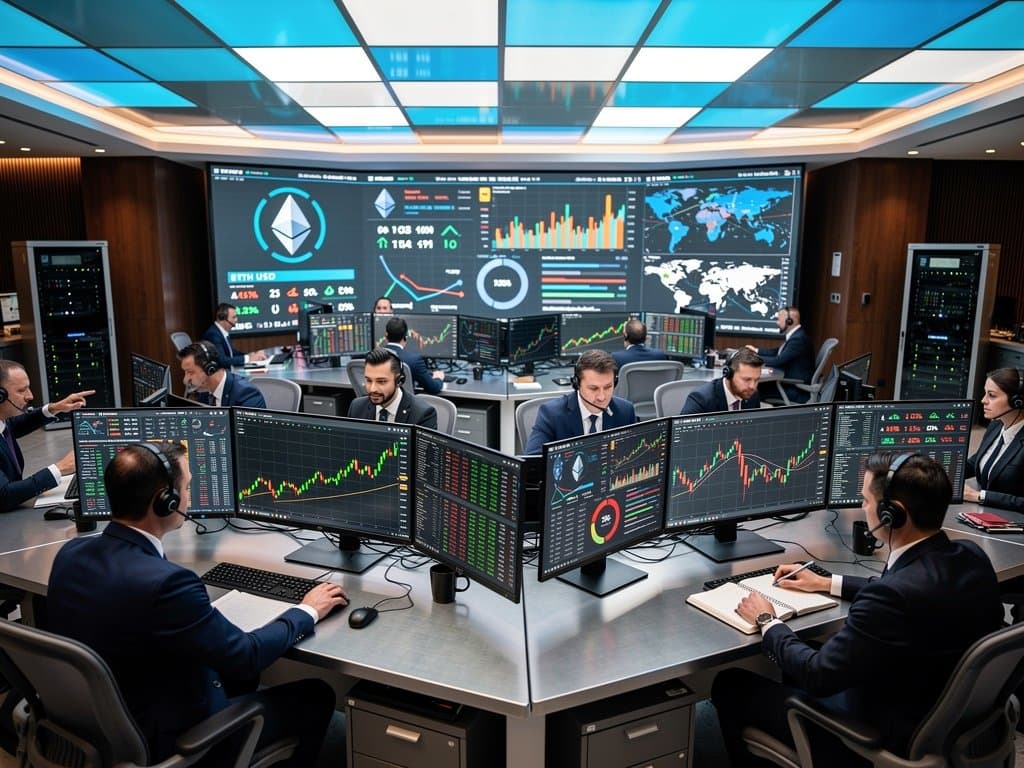 Crypto traders monitor Ethereum price at $2,357.32, BTC charts, and Fear & Greed Index on multi-screen setups