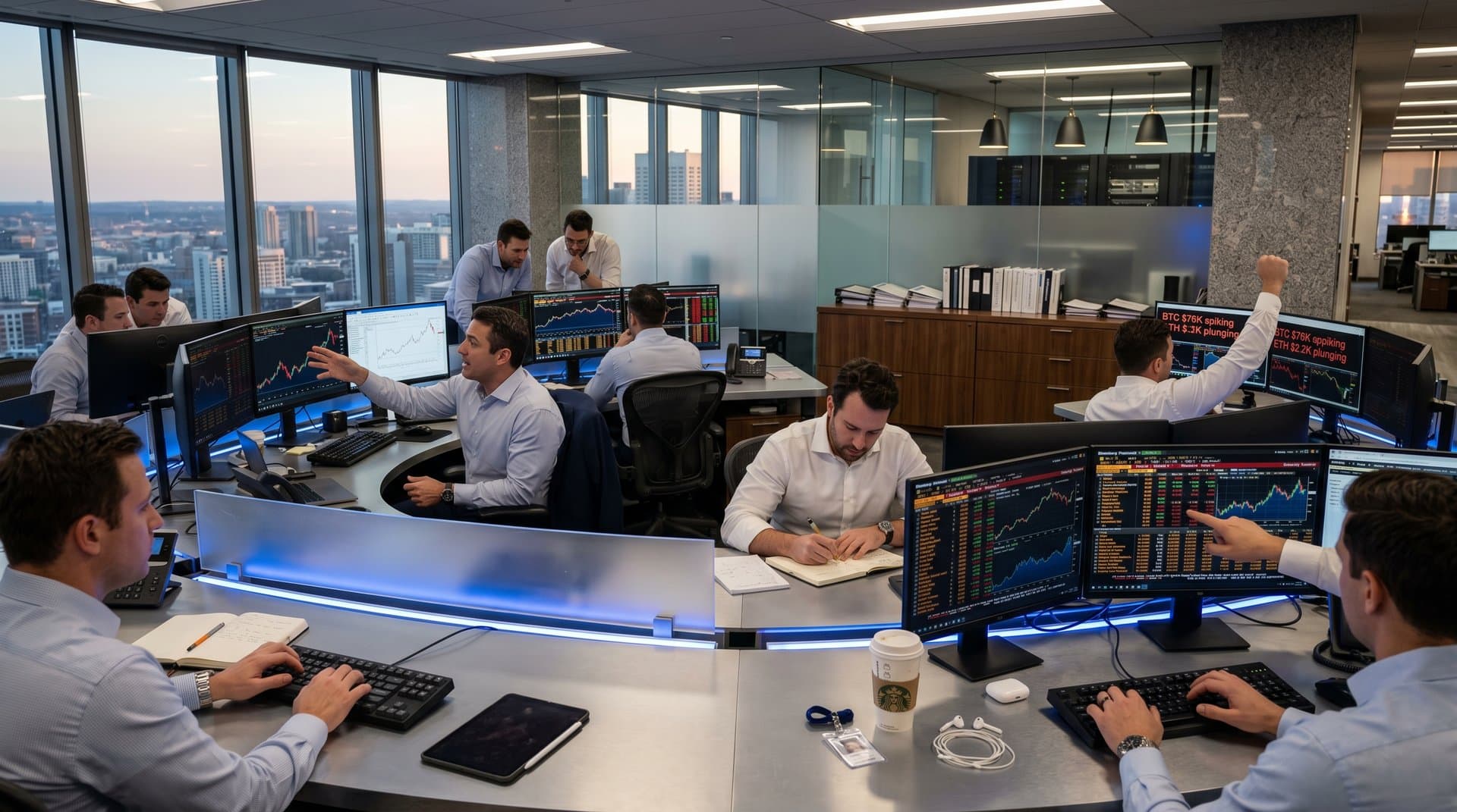 Trading floor with AI stock charts, crypto tickers, and fintech dashboards under blue LED lights