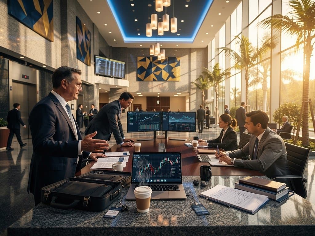 Modern courthouse lobby with legal documents, laptops showing blockchain data, and palm trees visible through glass walls
